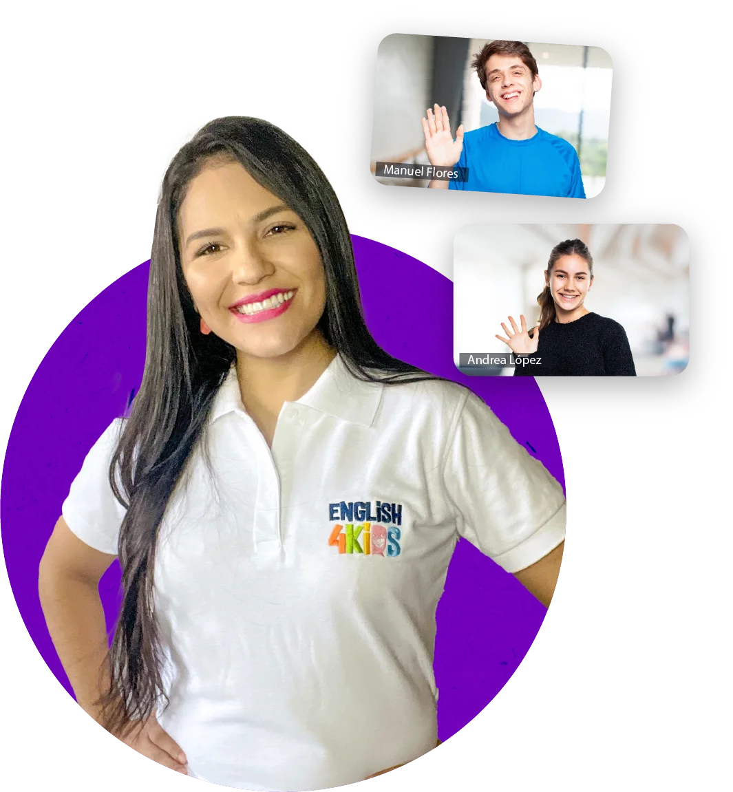 Nuestra coach Andrea enseñando inglés en una clase en vivo